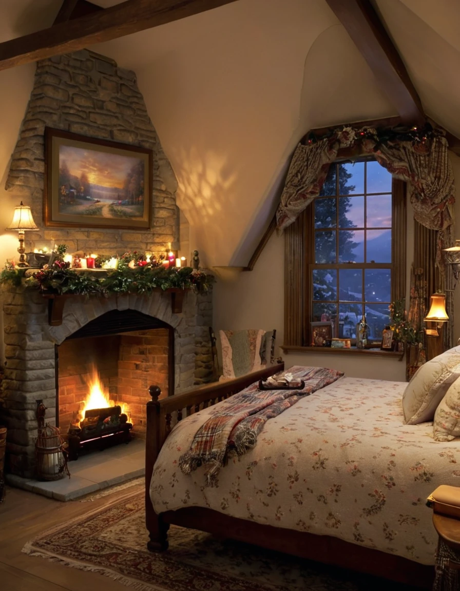 arafed bedroom with a fireplace and a bed with a blanket, thomas kinkade. cute cozy room, cozy and calm, cozy setting, very cozy, cozy wallpaper, cozy room, cozy place, cozy and peaceful atmosphere, cosy enchanted scene, cozy candlelight, cozy environment, cozy bed, soothing and cozy landscape, cozy atmosphere, cosy fireplace