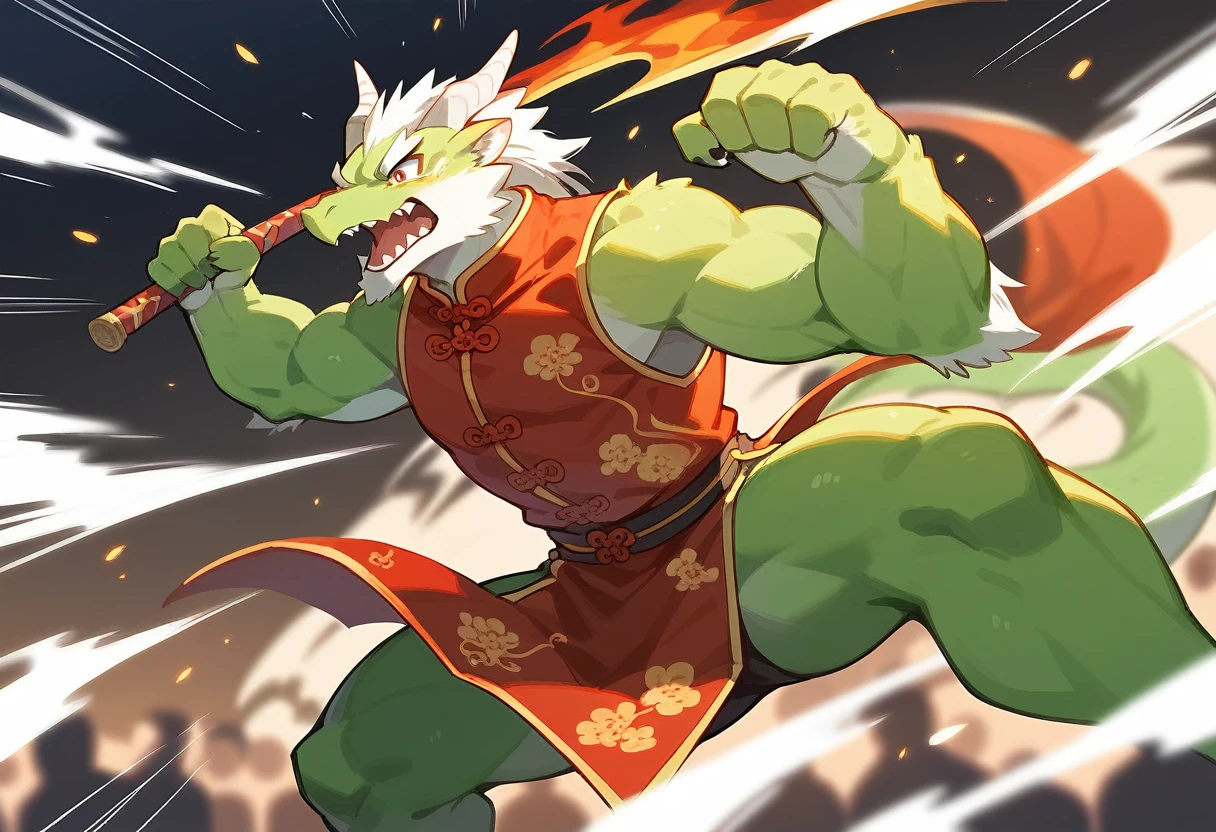 top quality, high-quality illustrations((masterpiece))depth of field, motion blur, absurdres, Perfect Anatomy, magnificent picture of kemono fighting fierce battles, kemono, 1boy, solo focus, Anthro((dramatic))epic, weapon, dynamic pose, One scene of movie,FURRY,dragon,Chinese clothes,green body