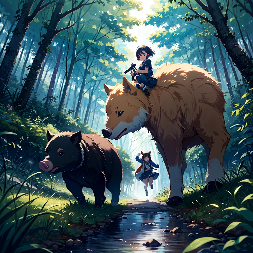Masterpiece, highest quality, high-resolution background, bright and beautiful atmosphere, 3 girls (2 years old, 1 short-tempered round face), 1  (hair, surface effects), small breasts, in the dark forest, dressed as a hunter , a girl holding a hunting gun, a big bear standing in her way, mini pigs running around, a mini pig falling, "deltamon_sdXL :0.73) >Deltamon"