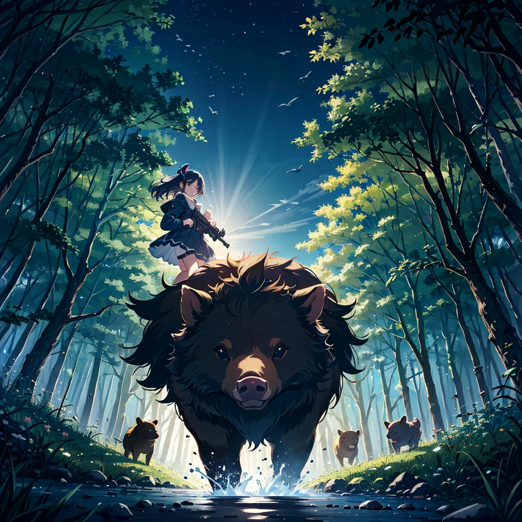 Masterpiece, highest quality, high-resolution background, bright and beautiful atmosphere, 3 girls (2 years old, 1 short-tempered round face), 1 (hair, surface effects), small breasts, in the dark forest, dressed as a hunter , a girl holding a hunting gun, a big bear standing in her way, mini pigs running around, a mini pig falling, "deltamon_sdXL :0.73) >Deltamon"