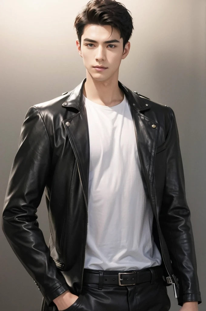 at office，wearing black leather coat，two block haircut, Attractive man，Live-action photo，Handsome and sunny，（SLR effect，Reality，8K，Hyper-detailing，Absolute realism）
