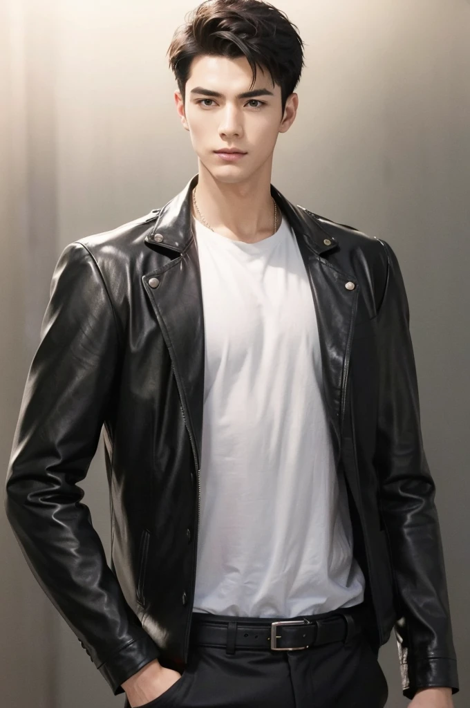 at office,wearing black leather coat,two block haircut, Attractive man,Live-action photo,Handsome and sunny,(SLR effect,Reality,8K,Hyper-detailing,Absolute realism)