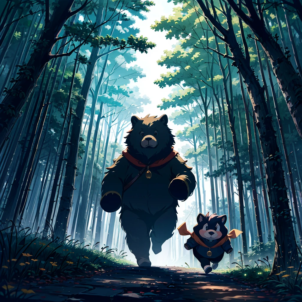 Masterpiece, highest quality, high-resolution background, bright and beautiful atmosphere, 3 girls (2 years old, 1 short-tempered round face), 1  (hair, surface effects), small breasts, in the dark forest, dressed as a hunter , a girl holding a hunting gun, a big bear standing in her way, mini pigs running around, a mini pig falling, "deltamon_sdXL :0.73) >Deltamon"