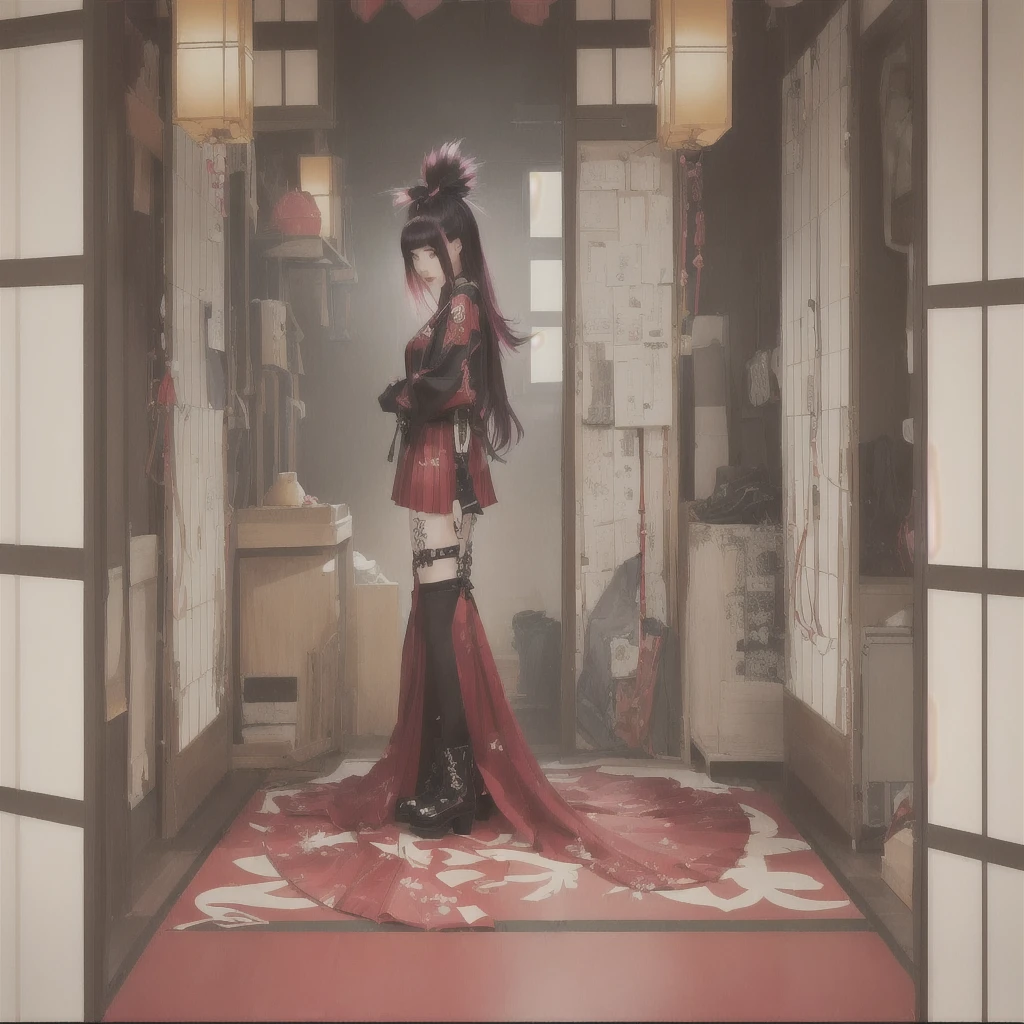 A woman in a red dress is standing in a room, The Detailed Art of the Onmyoji, Gwaiz on pixiv artstation, Gwaiz on artstation pixiv, artwork in the style of Gwaiz, Gwaiz, onmyoji, artstation pixivでトレンド, Digital art on Pixiv, Gwaiz masterpieceA 17-year-old Japanese girl with vibrant hair colors, long hair, daring hair styling, slender figure, plump cheeks. She embodies the punk rock aesthetic, dressed like a punk rocker with bold attire, large sunglasses, a defiant expression. She stands at 170 centimeters tall, weighs 30 kilograms, wears long boots, with her thighs visible under a red pleated skirt. Adorned with numerous silver accessories. Depict with distinct outlines, using colors other than black for the outlines, using colorful hues for the outlines. She's into girls' rock, punk, Electric guitar, vibrant colors, stages, and backed by a band. An underground clubhouse with colorful lighting amidst the darkness. Colorful candies resembling mountains of treats are plentiful, strewn all around. A tall, well-built man with blonde hair is present, adorned with tattoos, a nose piercing, and a split tongue.