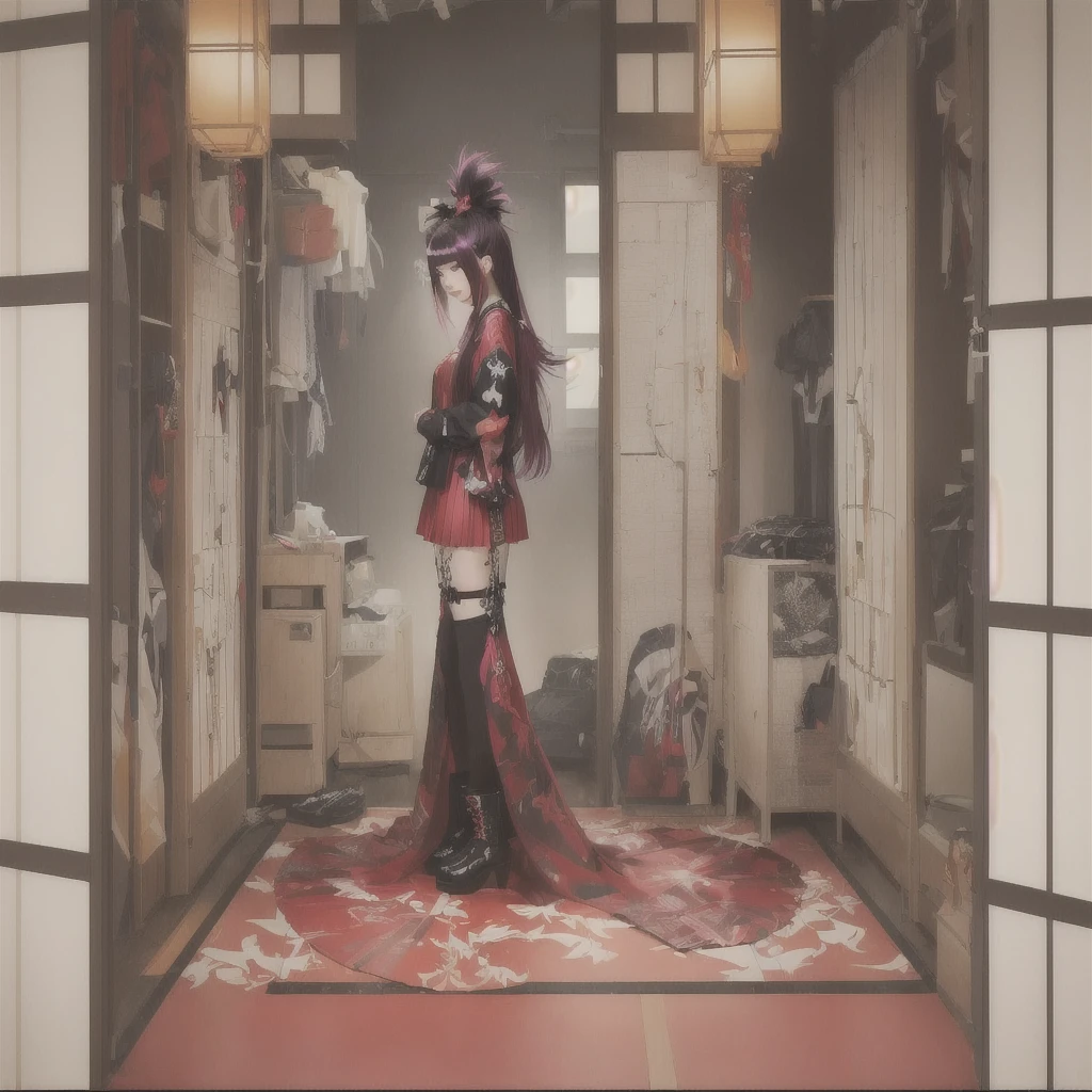 A woman in a red dress is standing in a room, The Detailed Art of the Onmyoji, Gwaiz on pixiv artstation, Gwaiz on artstation pixiv, artwork in the style of Gwaiz, Gwaiz, onmyoji, artstation pixivでトレンド, Digital art on Pixiv, Gwaiz masterpieceA 17-year-old Japanese girl with vibrant hair colors, long hair, daring hair styling, slender figure, plump cheeks. She embodies the punk rock aesthetic, dressed like a punk rocker with bold attire, large sunglasses, a defiant expression. She stands at 170 centimeters tall, weighs 30 kilograms, wears long boots, with her thighs visible under a red pleated skirt. Adorned with numerous silver accessories. Depict with distinct outlines, using colors other than black for the outlines, using colorful hues for the outlines. She's into girls' rock, punk, Electric guitar, vibrant colors, stages, and backed by a band. An underground clubhouse with colorful lighting amidst the darkness. Colorful candies resembling mountains of treats are plentiful, strewn all around. A tall, well-built man with blonde hair is present, adorned with tattoos, a nose piercing, and a split tongue.