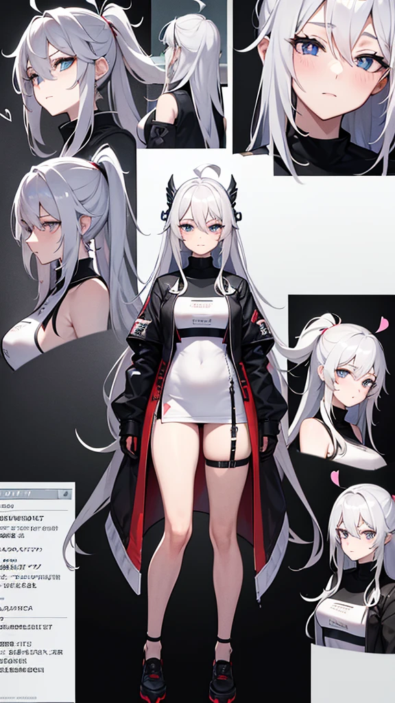 vtuber model, silver hair, grey hair, long hair, messy hair, straight hair, expressive hair, heart-shaped pupils, dilated pupils, embarrassed, blush, blue eyes, heart in eye, naughty, Conceptual art, modern, anime style, anime, reference sheet, multiple views, from behind, from below, from side, UHD, masterpiece, anatomically correct, super detail, textured skin, high details, high quality, best quality, highres, 8k, art concep, character design, teen
