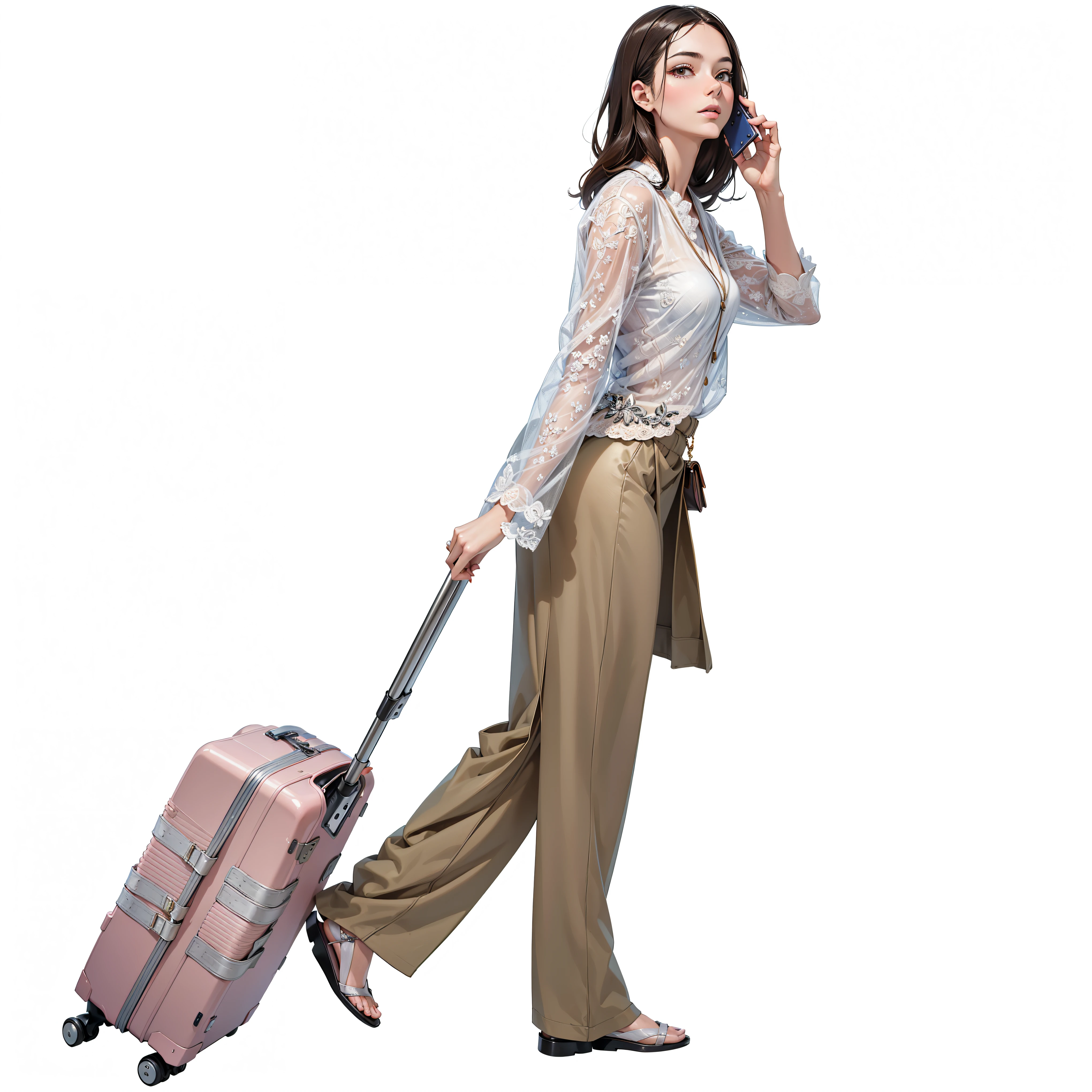 (masterpiece, top quality, best quality, Extremely detailed details, official art, Light Effect, Beauty and aesthetics: 1.2,) A woman walking with a pink suitcase, Make phone calls as you go, Wearing long, flowing clothes, Travel clothing, In dirty travel clothes, Travel Goddess, Vacation photos, Transparent Background, Full body portrait.