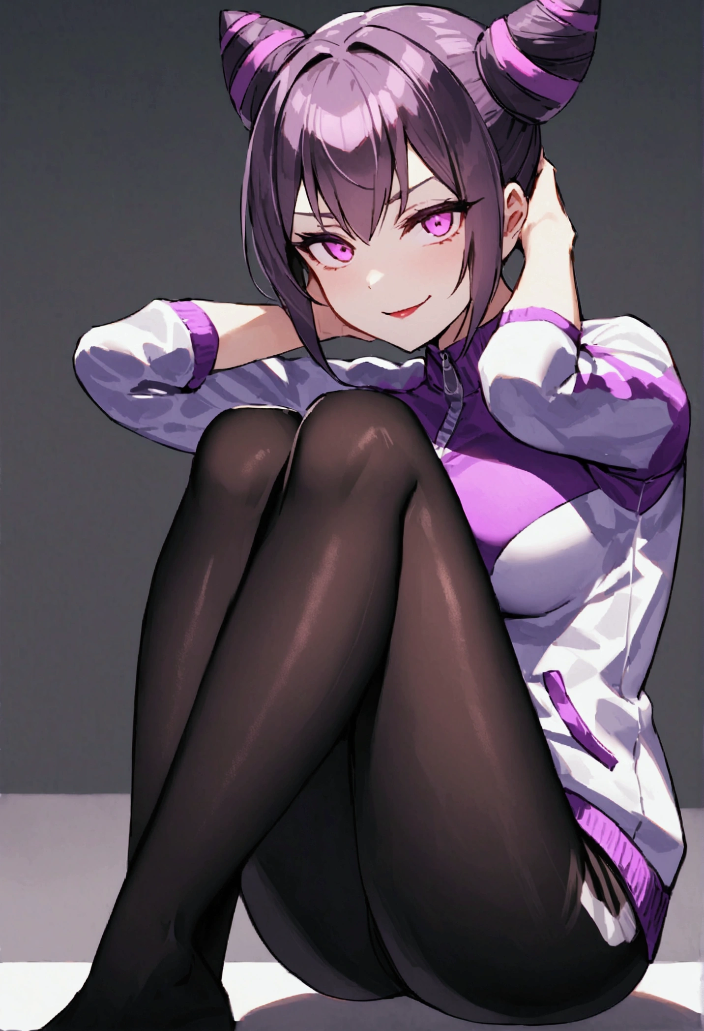 beautiful young fitness woman with , in a gym wearing May with black pantyhose, white and purple fitted gym jacket. standing alone,hair horns,bright purple eyes,Evil smile,legging preto aura roxa,hands behind head shadow on eyes,whole body,labiaa,sitting,legs crossed
