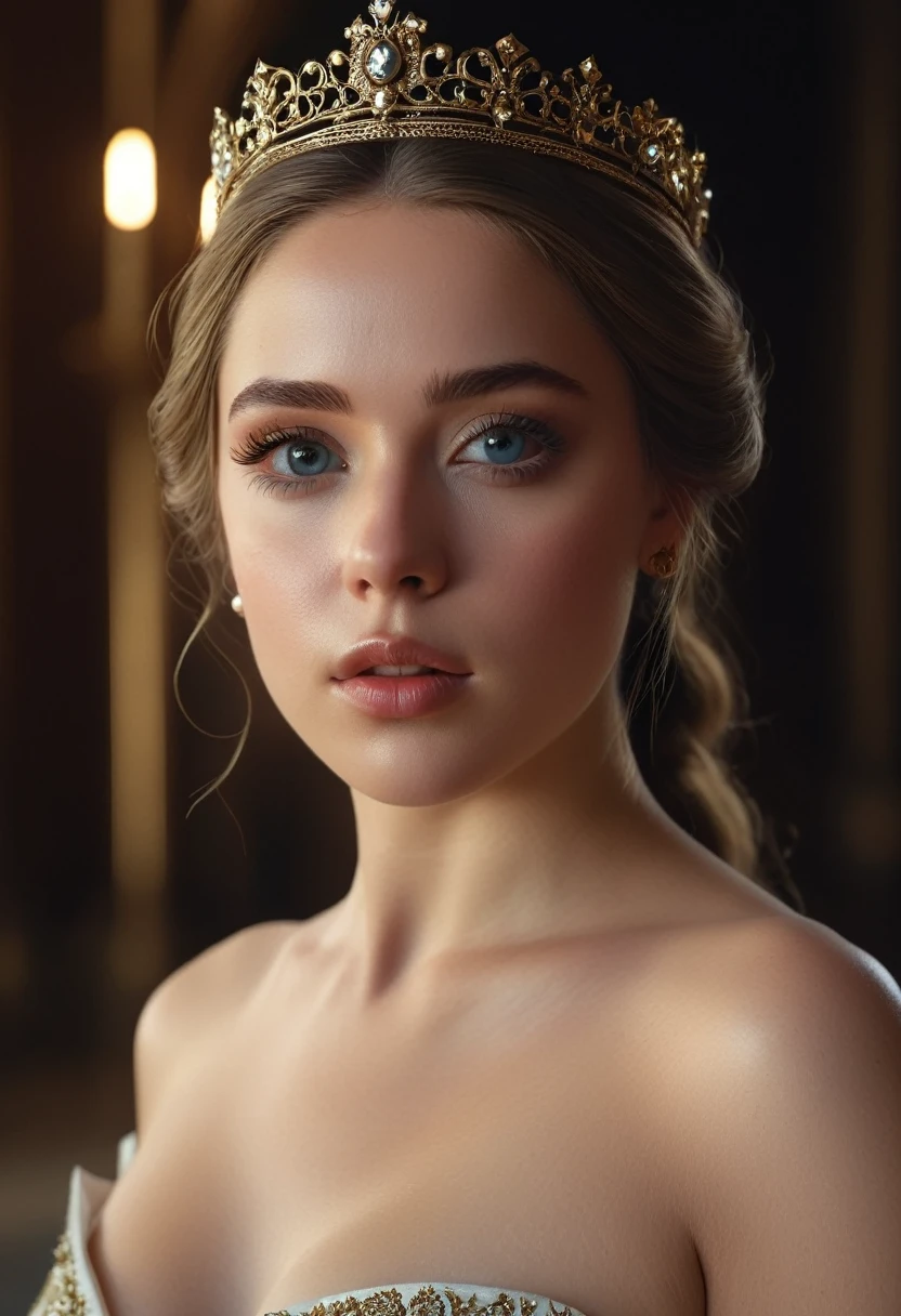 a beautiful young woman, a royal princess semi naked, detailed face and body, beautiful eyes, lips and nose, flawless skin, elegant pose, dramatic lighting, cinematic angle, highly detailed, photorealistic, 8k, masterpiece