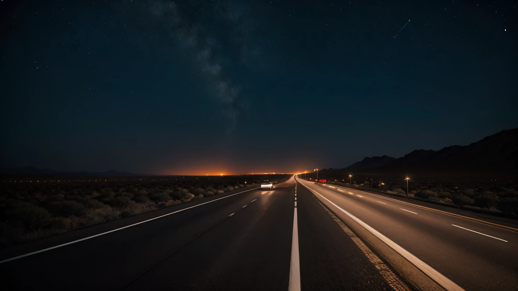 a highway at night in the desert with total darkness. The night looks very dark and scary.