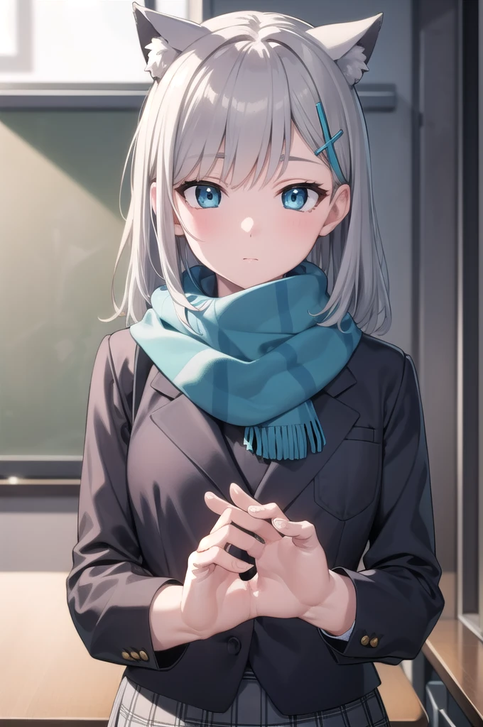 bluearchiveShiroko, Shiroko, Animal ears, blue eyes, Grey Hair, hair ornaments, hairpin, Hello, Medium Hair, Wolf Year,
break checkered clothes, checkered skirt, , skirt, scarf,
break looking at viewer, 
break indoors, classroom,
break (masterpiece:1.2), Highest quality, High resolution, unity 8k wallpaper, (figure:0.8), (Beautiful attention to detail:1.6), Highly detailed face, Perfect lighting, Highly detailed CG, (Perfect hands, Perfect Anatomy),