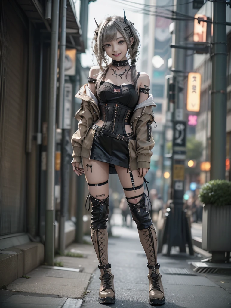 (Full Body View:1.2)、(Smiling with teeth showing:1.3),(Shibuya Gal:1.5)、(Beautiful gravure model:1.5)、(Neo-goth fashion:1.5)、(Punk RockVisual Kei:1.5)、(An off-the-shoulder hoodie in khaki and brown with delicate silver accessories.:1.5)、(A corset with a delicate beige and brown design:1.4)、(Khaki and brown snakeskin bodysuit:1.5)、(head band:1.3)、(Beige and charcoal knee socks:1.4)、Embellished collar and long boots、(I'm selling snake print underwear.:1.4)、(Long eyelashes:1.3)、(20-year-old)、((Highest quality、8k、masterpiece:1.3))、1 Female、Slim and beautiful abs:1.3、(hairstyle casual、Beautiful boobs:1.1)、(Doing an aerobics pose:1.3)、dress:1.1、Super small face、Narrow eyes、double eyelid、A sloppy smile、Esbian all over body、Dynamic Angle、Close-up、CPL Filter、Blurred Background、Bokeh、Blue Hour、Detailed face and skin texture、Detailed eyes、,(Twin tails:1.3)、(Black brown hair:1.3)、Gravure idol、(The background is a glamorous dance hall:1.3)、(Make your legs thinner:1.4)、(Slim Body:1.3)、(clavicle:1.1)