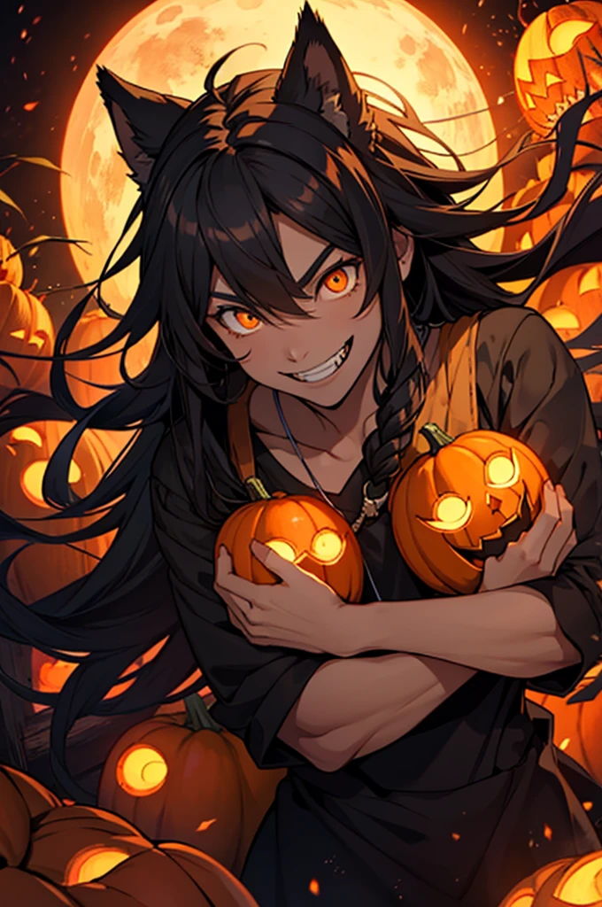 High school werewolf boy, smiling with fangs, orange glowing eyes, long hair, pumpkin spirit