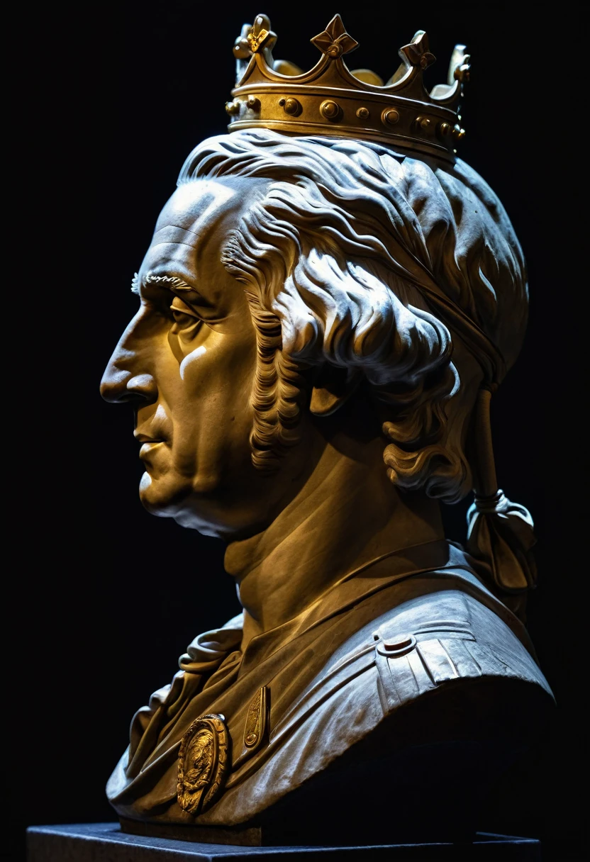 Side view of a George Washington roman bust with a crown on top of it's head, highlighted with a spotlight and dark background