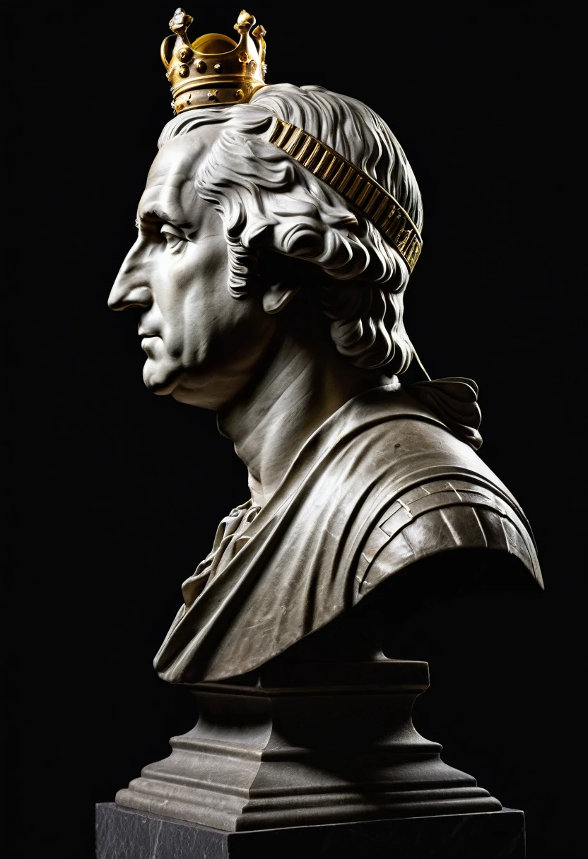 Side view of a George Washington roman bust with a crown on top of it's head, highlighted with a spotlight and dark background