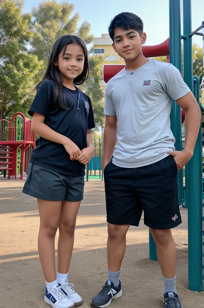 A front of school big playground where 2 boy one girl