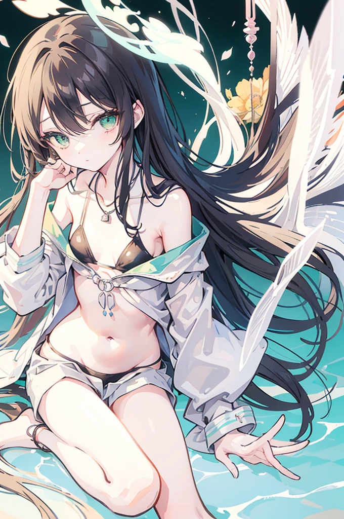 {{masterpiece}}, The best quality of life, 、Dark brown long hair down to the waist、Anime Girls with brown long hair, Cute female anime visuals,Anime full body illustration, Anime Moe Art Style, Anime characters, (Anime Girls)、(Green Eyes）、Expressionless adult woman、Small Necklace、((White background))、Black Bikini、Grey shorts、A light jacket、Green anklet