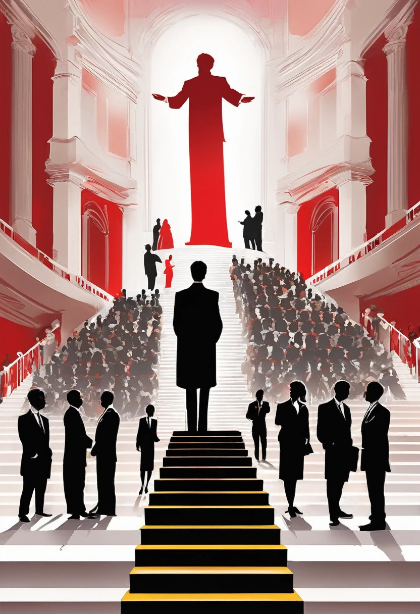 black silhouette of a man standing at the top of the stairs, with a podium and an audience. depicts political dialogue events, red and white room, vector style, manga style, digital art, by Marshall Arisman, cover illustration, 70mm, 7 0 mm, 70 mm, book cover illustration, by Brigette Barrager, album cover, novel cover art for a book, art concept for a book cover, cover art, 7 feet tall,