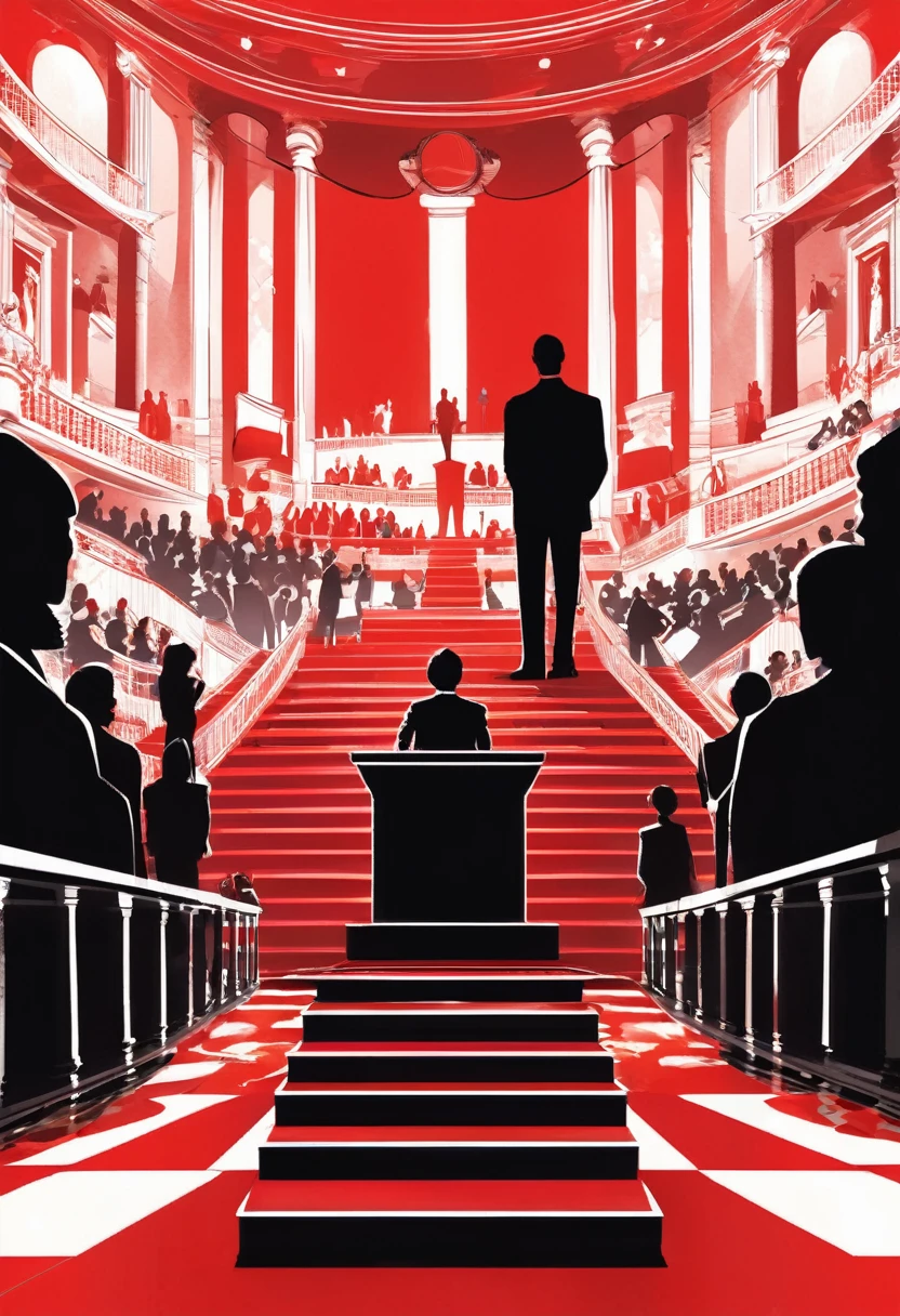 black silhouette of a man standing at the top of the stairs, with a podium and an audience. depicts political dialogue events, red and white room, vector style, manga style, digital art, by Marshall Arisman, cover illustration, 70mm, 7 0 mm, 70 mm, book cover illustration, by Brigette Barrager, album cover, novel cover art for a book, art concept for a book cover, cover art, 7 feet tall,