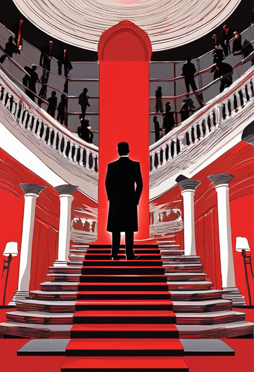 black silhouette of a man standing at the top of the stairs, with a podium and an audience. depicts political dialogue events, red and white room, vector style, manga style, digital art, by Marshall Arisman, cover illustration, 70mm, 7 0 mm, 70 mm, book cover illustration, by Brigette Barrager, album cover, novel cover art for a book, art concept for a book cover, cover art, 7 feet tall,
