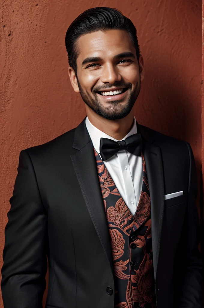 Frontal view , Portrait of man in black suit smiling , coral background editorial style highdefinition ultrarealistic details in the style of portrait photography