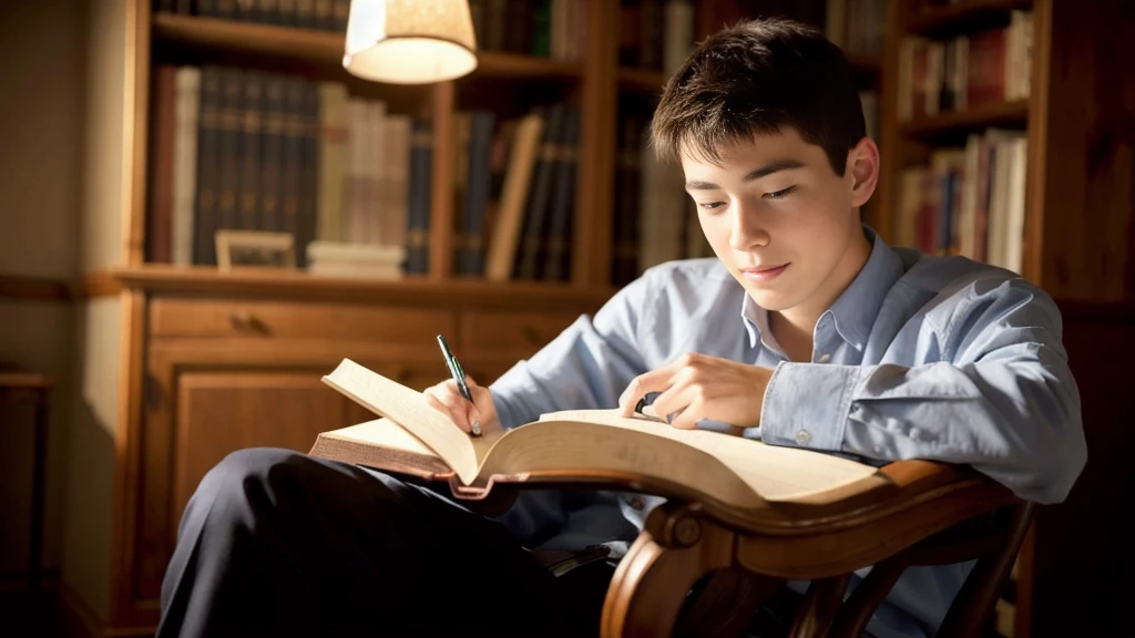 A young man sitting in a chair studying the Bible、Study、high resolution
