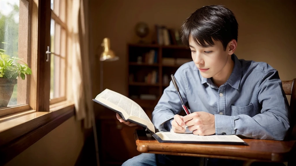 A young man sitting in a chair studying the Bible、Study、high resolution