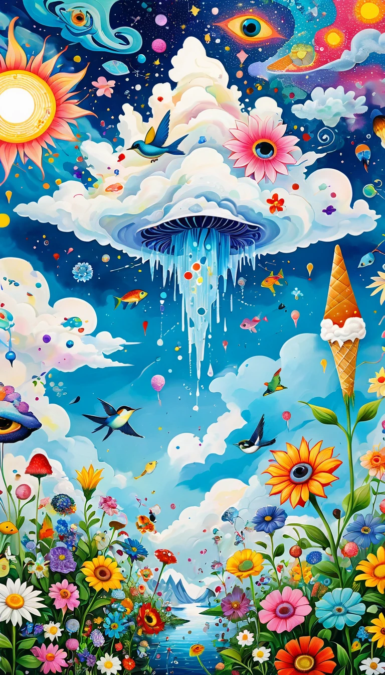 Children's graffiti,Artists from the stars，Ice cream cones、Eruption Cloud、sky、flowesh、章fish触手瀑布。烟flower、bird、Eye、diatom，Abstract mosaic painting，Describing the inner world of autistic people，Large area of white，interesting，Innocence，Vision，Psychedelic Art，
