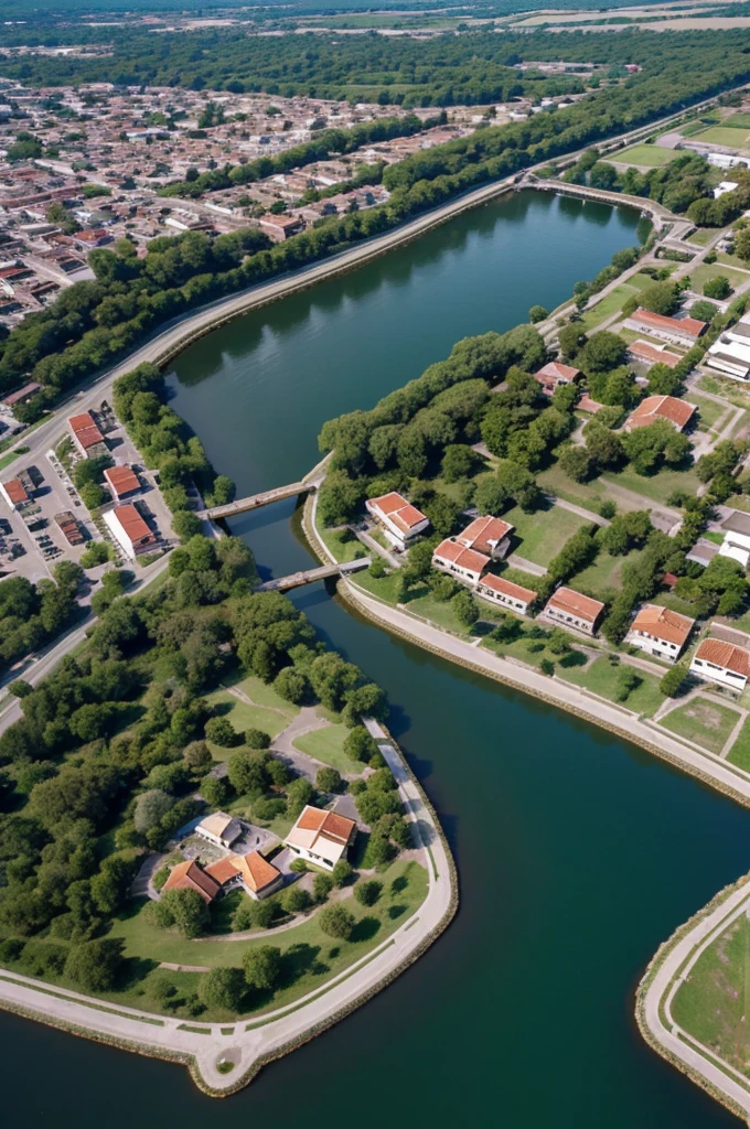 aerial view of a small town with a river and a lake, historical setting, above view, view from above, arial shot, shot from above, photo taken from above, aerial shot, seen from above, shot from drone, ariel view, cool looking, inspiring birds eye vista view, photograph from above, aerial shot from the drone, shot from a drone, aerial view. Pero que a su alrededor tenga una muralla