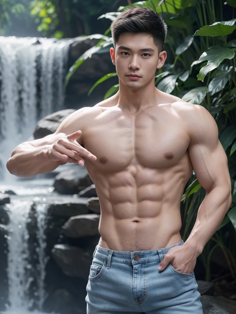 Vietnamese muscle man, Detailed undercut, Tight T-shirt , quiet, Jeans, Take the whole body, Walking posture :: Manly, Look at the camera, (Make eye contact), manhood posture, Manly deportment, Have morals, masculinity, manhood, very detailed facial parts, very detailed neck, Manly, waterfall background, happy expression, professional photos, soft focus, ( raw photos, best quality, Masterpiece:1.2), very detailed, Ultra high resolution, perfect anatomy, ส่วนของร่างกายที่very detailed, The body is very symmetrical., Asia, 18 years old, Highly detailed, detailed face, Detailed eyes, proportional eyes, very detailed mouth, Leaky abdomen :: very detailed, thin, small waist, realistic, human skin, นิ้วที่very detailed, handsome chad chin, Be a man, human skin, handsome, charming, Highly detailed RAW color photo, depth of field, Photo taken from the front, perfect composition, very detailed hands, very detailed fingers