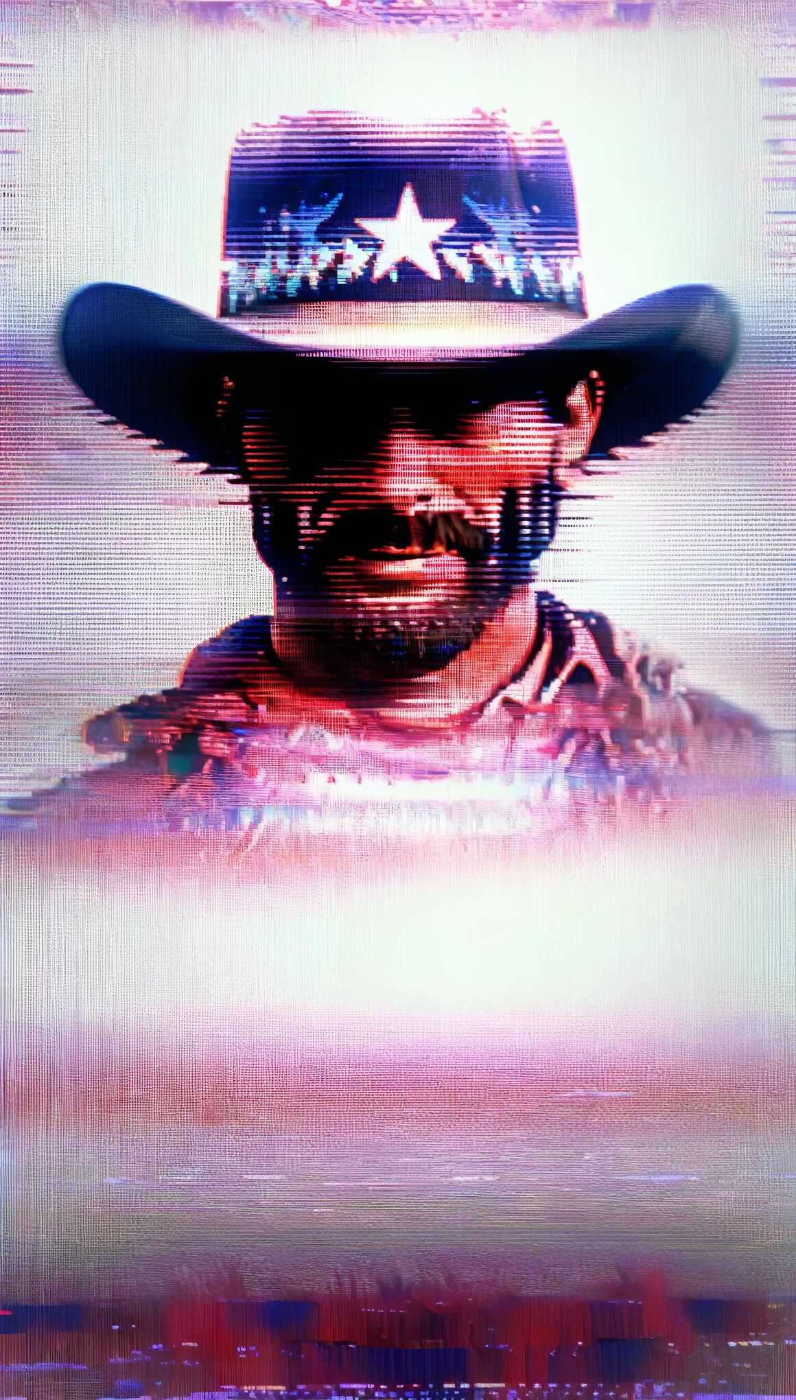 vhs glitch movie still of western cowboy, cinematic, hires 8k, intricate, white background