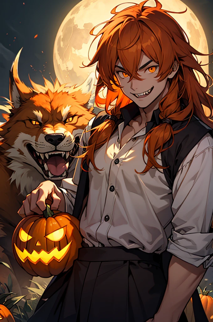 High school werewolf boy, smiling with fangs, orange glowing eyes, long hair, wild, pumpkin spirit