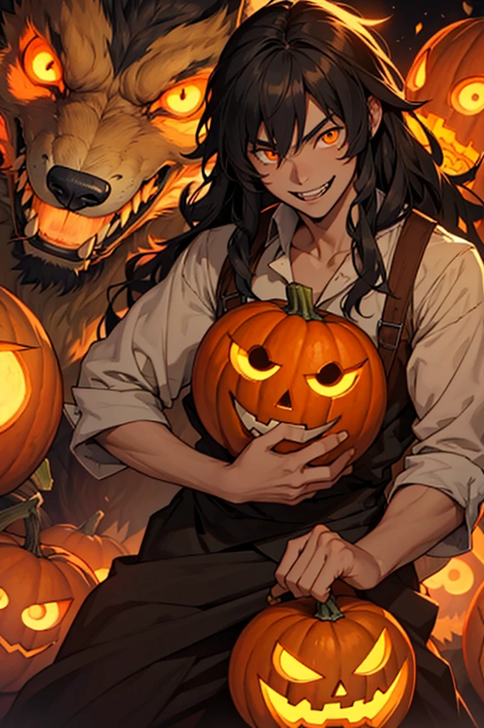 High school werewolf boy, smiling with fangs, orange glowing eyes, long hair, wild, pumpkin spirit