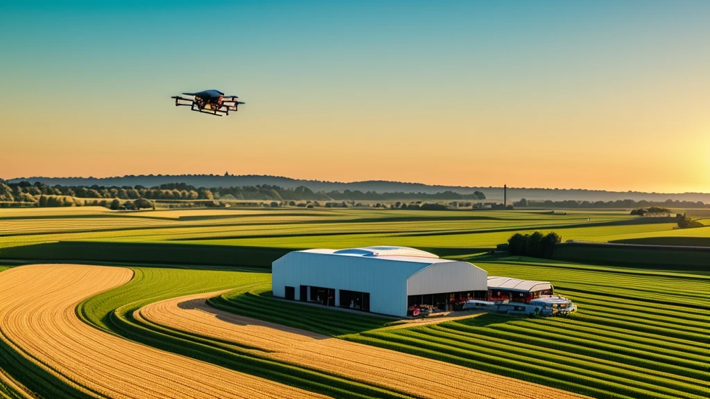 Generate a high-resolution conceptual image showcasing RTK technology. The scene should depict a drone in the air delivering cargo while an agricultural machine works on the farmland below. The overall style should be simple yet sophisticated, emphasizing the precision and innovation of positioning technology.

Additional Parameters:

Style: Futuristic, clean, and refined
Elements: Digital grids, glowing lines, high-tech icons
Lighting: Bright and natural
Color: Natural and vibrant
