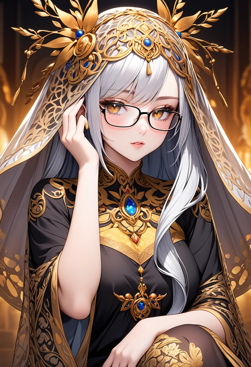 The veiled girl represents beauty and cultural traditions. You can find beautiful images of veiled women on websites like this source.Clothes color s black, Hair color is brown،Cover the hair completely ، glasses
