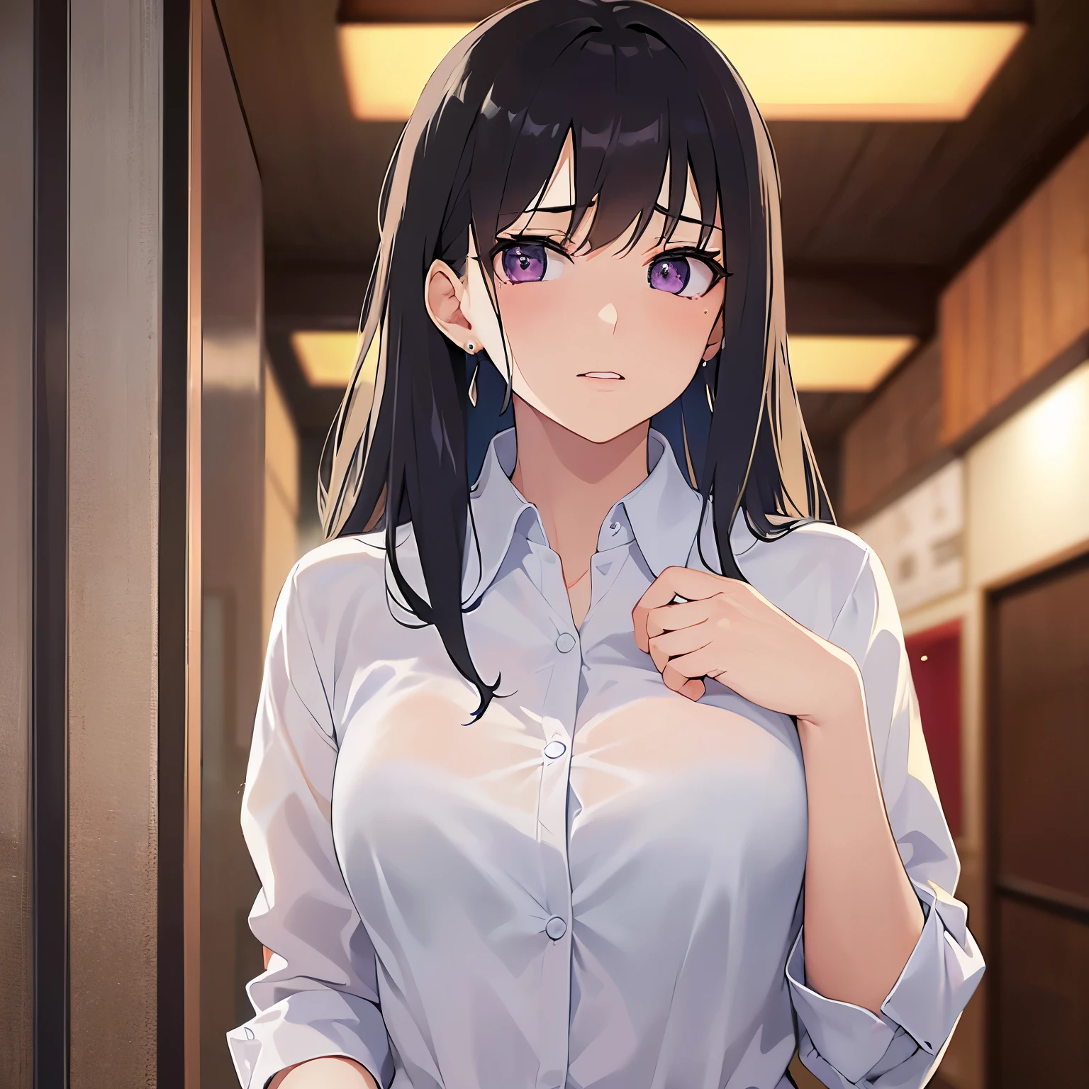 (looking at viewer:1.5),（Looking up：1.5） 
Realistic, real person, (pale skin: 1.2), RAW photo, photorealistic, shiny skin, shiny hair、
(A 25-year-old woman with straight hair and bangs) and (medium hair) and (black hair) and (purple eyes) , 
(Wearing a business suit:1.5) and (Wearing a white collared shirt)、
blush,(tearful:1.5),The background is the interior of an izakaya at night.、Hands are out in front