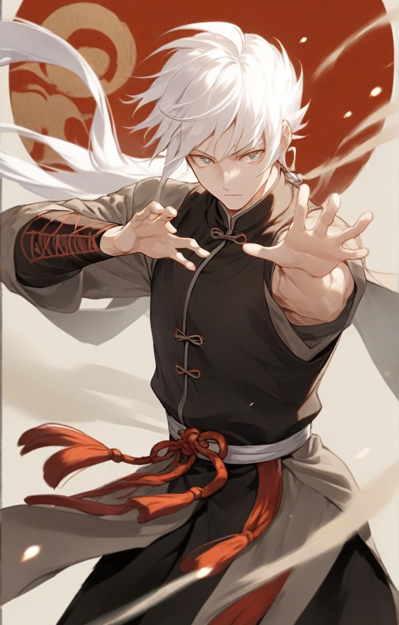 man, human, adventurer, chinese costume, kung fu, elegant, flat chest, white hair