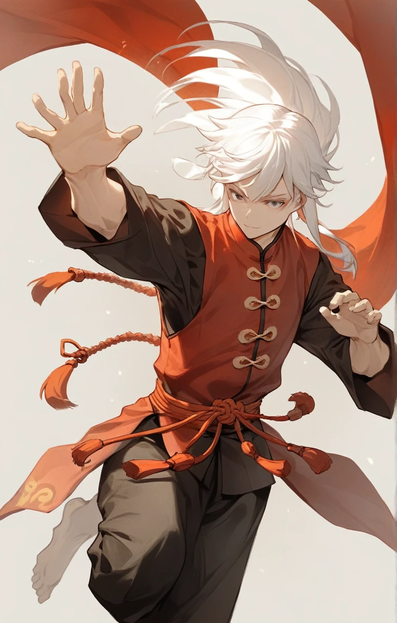 man, human, adventurer, chinese costume, kung fu, elegant, flat chest, white hair