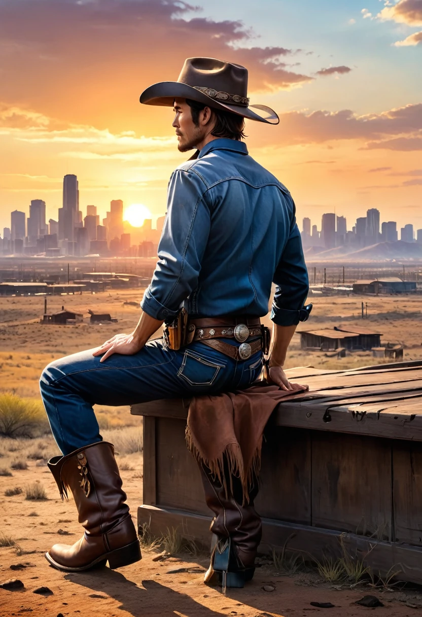 wasteland，西部牛仔sit在石头上弹吉他，(sit:1.2)，Wear a cowboy hat，Rusty，The skyline in the distance，Western style background，Sunset