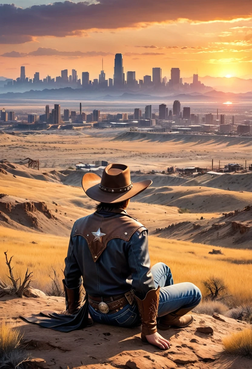 wasteland，西部牛仔sit在石头上弹吉他，(sit:1.2)，Wear a cowboy hat，Rusty，The skyline in the distance，Western style background，Sunset