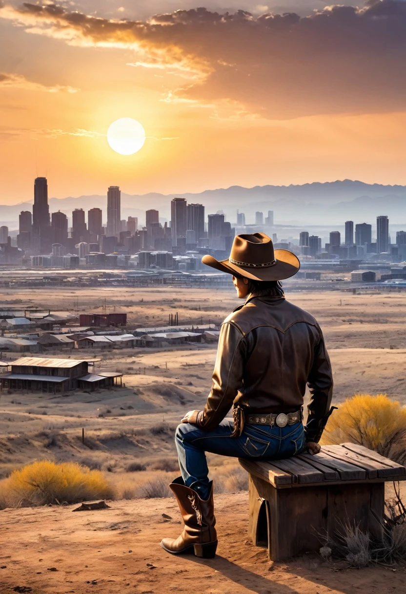 wasteland，西部牛仔sit在石头上弹吉他，(sit:1.2)，Wear a cowboy hat，Rusty，The skyline in the distance，Western style background，Sunset