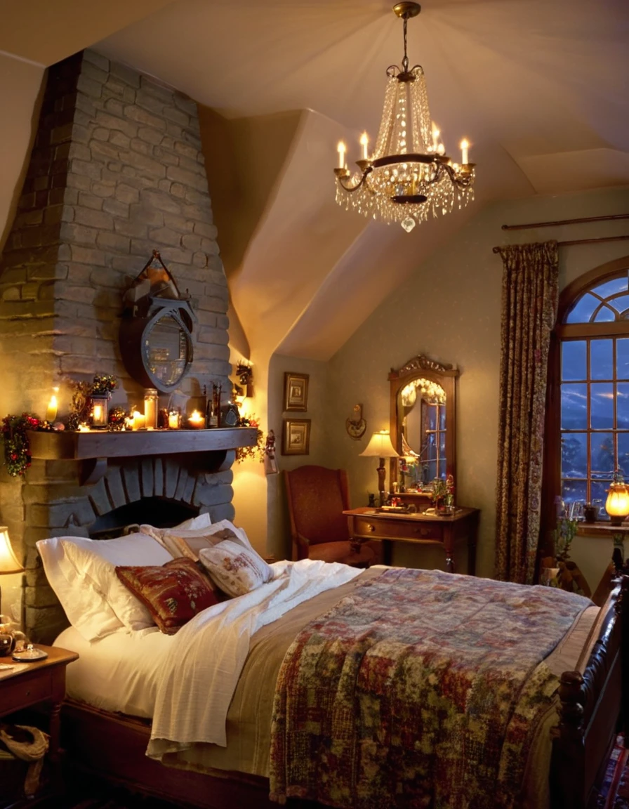 arafed bedroom with a fireplace and a bed with a blanket, thomas kinkade. cute cozy room, cozy and calm, cozy setting, very cozy, cozy wallpaper, cozy room, cozy place, cozy and peaceful atmosphere, cosy enchanted scene, cozy candlelight, cozy environment, cozy bed, soothing and cozy landscape, cozy atmosphere, cosy fireplace
