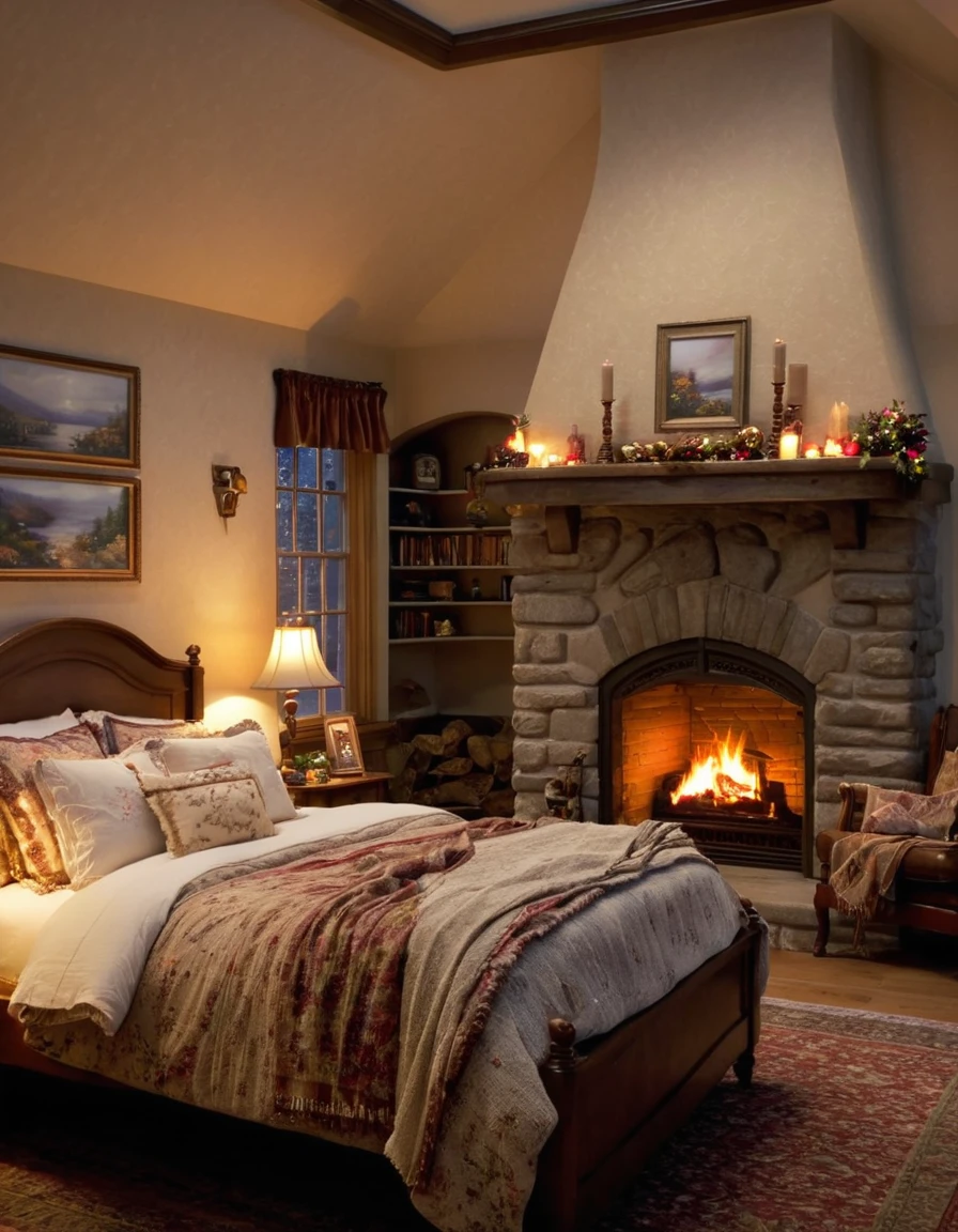 arafed bedroom with a fireplace and a bed with a blanket, thomas kinkade. cute cozy room, cozy and calm, cozy setting, very cozy, cozy wallpaper, cozy room, cozy place, cozy and peaceful atmosphere, cosy enchanted scene, cozy candlelight, cozy environment, cozy bed, soothing and cozy landscape, cozy atmosphere, cosy fireplace