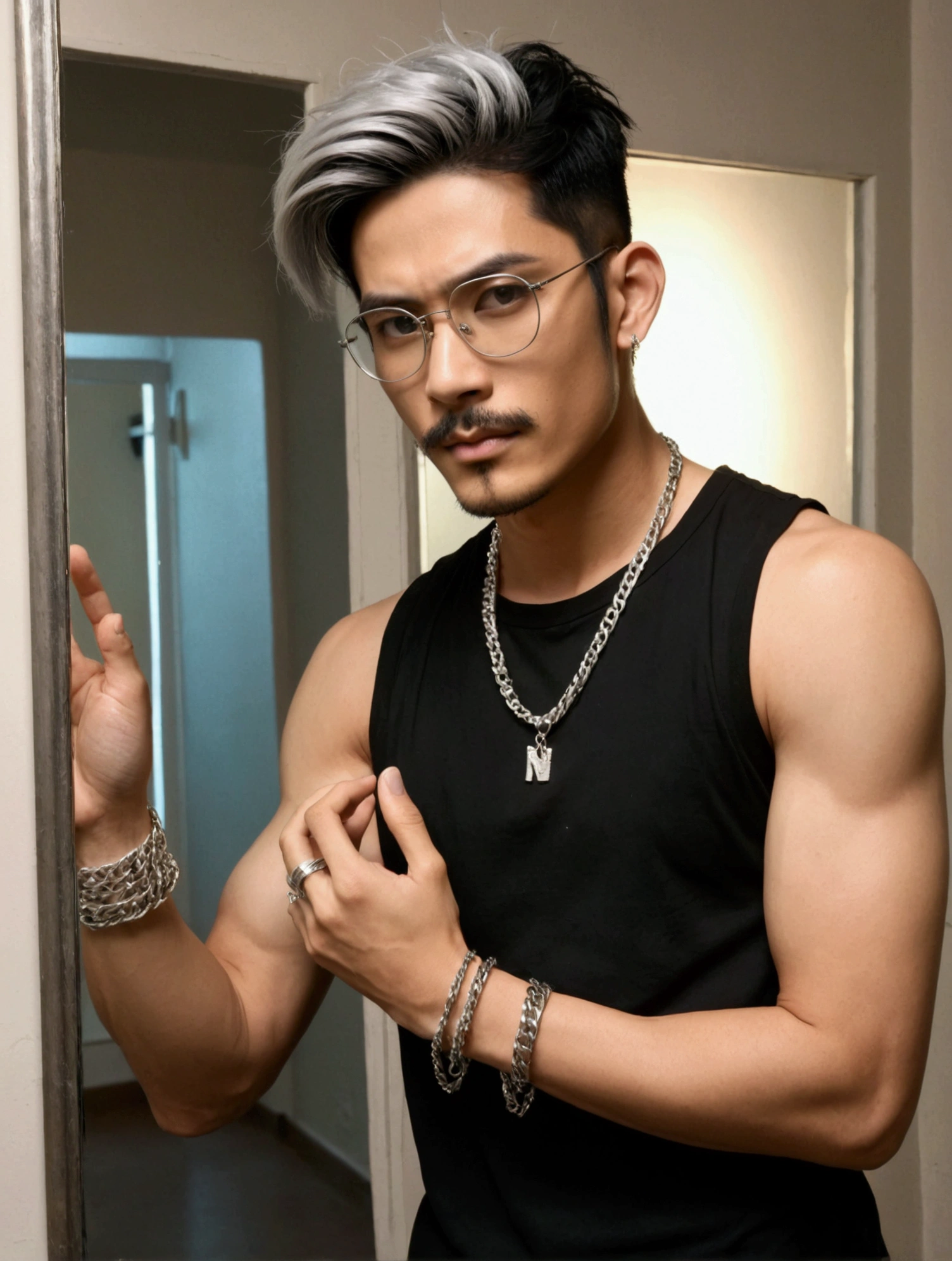 Character named "Nobita" , masculine, muscle, alt boy look, e-boy look, grunge, black sleeveless top, silver chains, silver bracelets, selfie in front of mirror pose, french crop hairstyle, silver spectacles, thin trimmed mustache