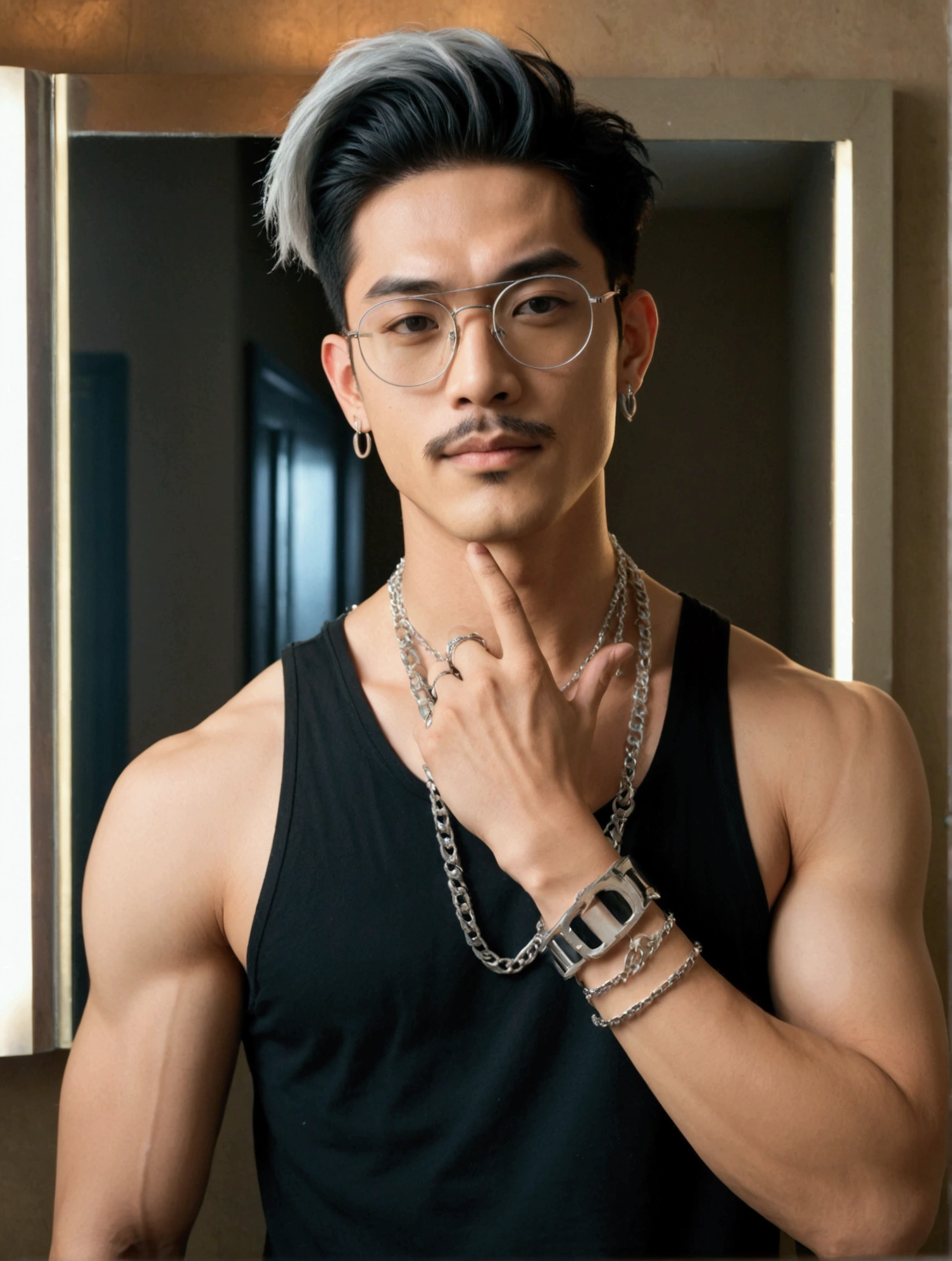 Character named "Nobita" , masculine, muscle, alt boy look, e-boy look, grunge, black sleeveless top, silver chains, silver bracelets, selfie in front of mirror pose, french crop hairstyle, silver spectacles, thin trimmed mustache