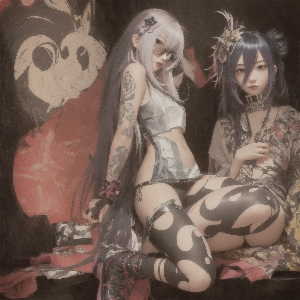 anime characters are sitting on a bed with their bodies painted, The finer details. anime. Tentacles, Zero-chan art, Zero-chan, Singey, Happy!!!, Ahegao, at Pixiv, by Shimo, Pixiv, Detailed fan art, by Kamaguruka, anime art, anime”, Burning, Pixiv 3dcgA 17-year-old Japanese girl with vibrant hair colors, long hair, daring hair styling, slender figure, plump cheeks. She embodies the punk rock aesthetic, dressed like a punk rocker with bold attire, large sunglasses, a defiant expression. She stands at 170 centimeters tall, weighs 30 kilograms, wears long boots, with her thighs visible under a red pleated skirt. Adorned with numerous silver accessories. Depict with distinct outlines, using colors other than black for the outlines, using colorful hues for the outlines. She's into girls' rock, punk, Electric guitar, vibrant colors, stages, and backed by a band. An underground clubhouse with colorful lighting amidst the darkness. Colorful candies resembling mountains of treats are plentiful, strewn all around. A tall, well-built man with blonde hair is present, adorned with tattoos, a nose piercing, and a split tongue.