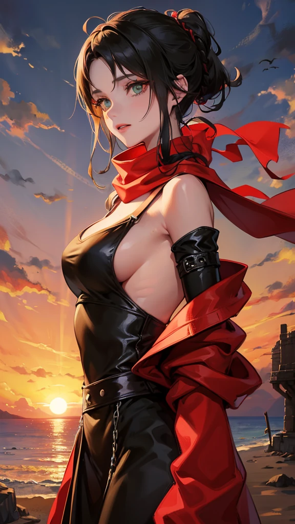 medieval setting, full view of body, 1 skinny female with large breast, beatiful smokey green eyes, black hair pinned up, off-shoulder midi dress, red scarf around her neck, eerie sunset