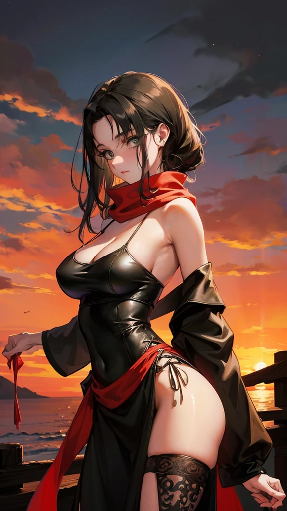 medieval setting, full view of body, 1 skinny female with large breast, beatiful smokey green eyes, black hair pinned up, off-shoulder midi dress, red scarf around her neck, eerie sunset