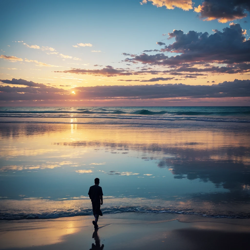 Mirror cloud, sea, horizon, sunset, man walking
