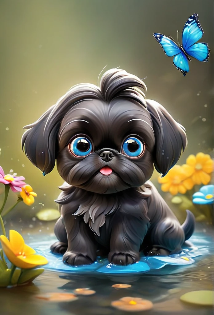 2 adorable very small very black Shih Tzu puppies with big bright blue eyes,extremely detailed eyes and face,longeyelashes,wearing blue collars and sunglasses,playing in creek,butterflies and flowers in background,3D Pixar style,photorealistic,masterpiece,vibrant colors,studio lighting,ultra-detailed,sharp focus,physically-based rendering,professional